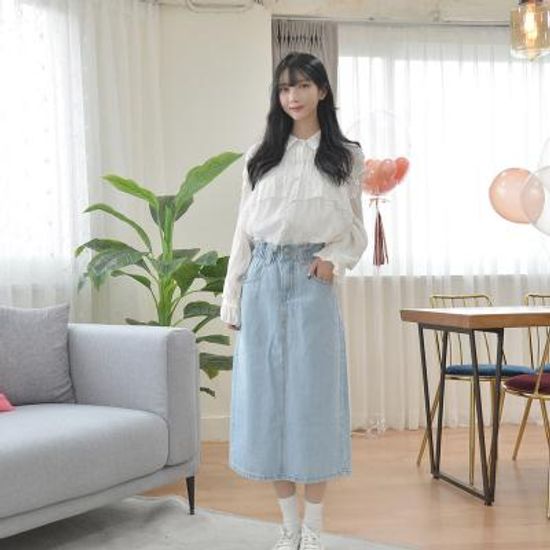 [GBM]투버튼밴드 롱 데님스커트(연청)