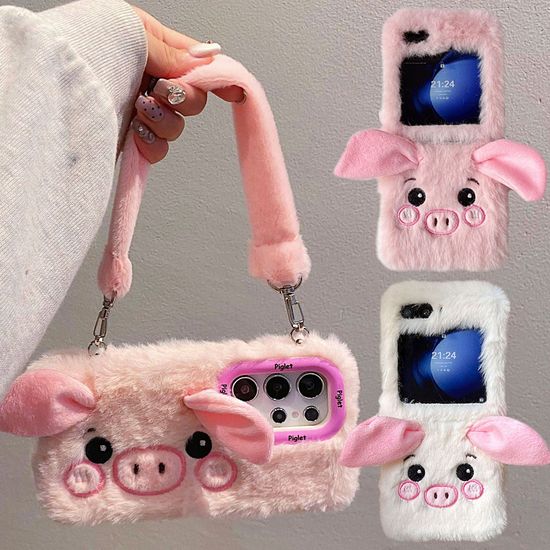 갤럭시 z폴드 6 5 4 3 돼지 자수 밍크 스트랩 털케이