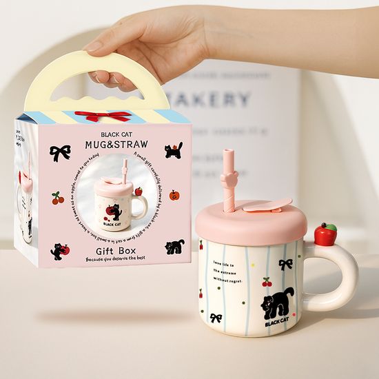 레토 실리콘 빨대 뚜껑 블랙캣 머그컵 세트 380ml