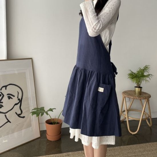 쿠이나 린넨 파스텔 와이드 원피스 앞치마