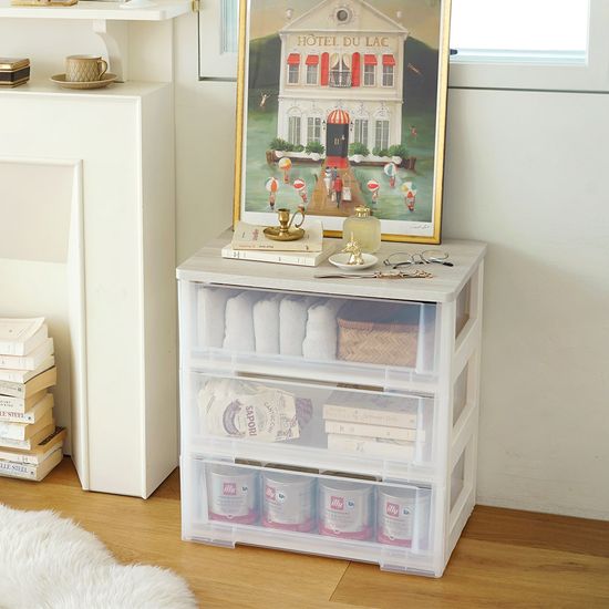 이노스 투명 우드상판 3단 플라스틱 서랍장 옷 정리함