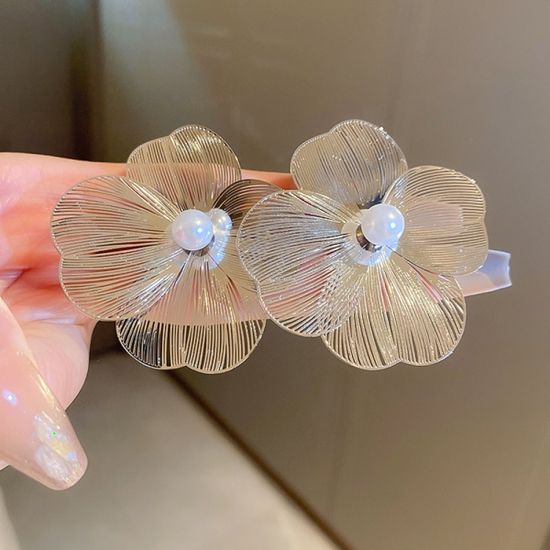 진주 포인트 빅 메탈 골드 플라워 925 실버 귀걸이