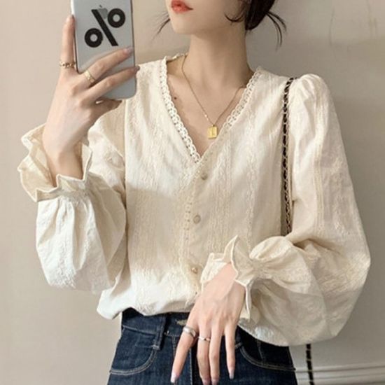 여성 상의 셔츠 오피스룩 소매 프릴 러플 루즈핏 브이