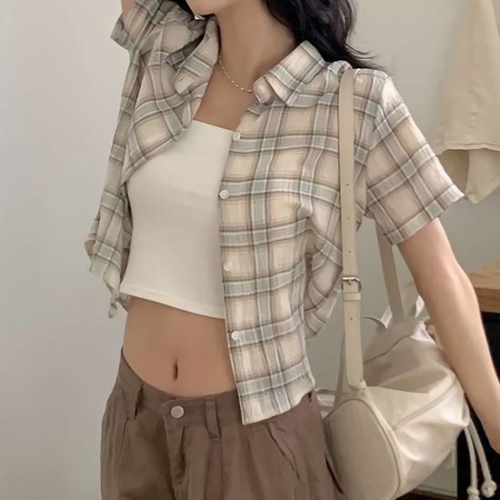여성 썸머 데일리 세미 크롭 체크 반팔 셔츠