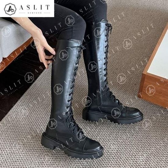 [애슬릿]사이드 지퍼 레이스 업 블랙 롱 워커 부츠