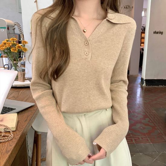 여성 카라 골지 브이넥 니트