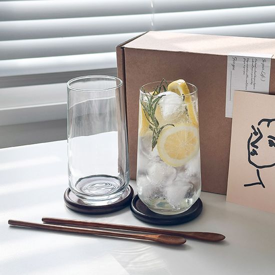 홈카페선물 길쭉이 유리컵 470ml 2인세트 (우드코스터