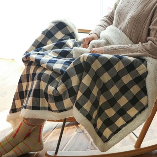 체크 양털 극세사 블랭킷 무릎담요-네이비