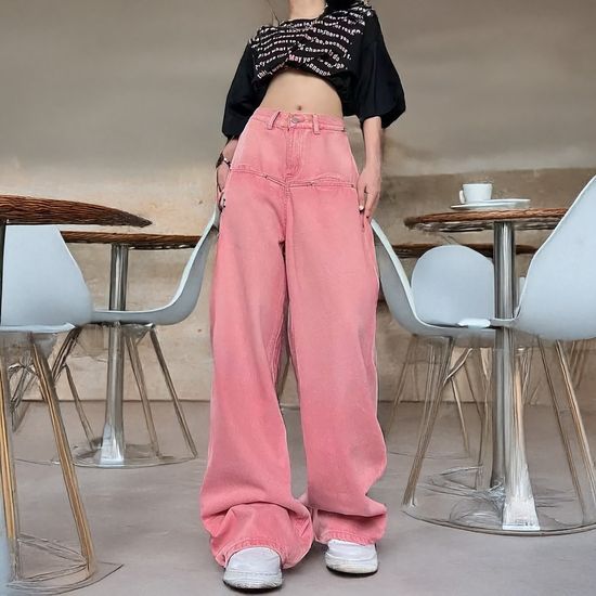 여성 아메리칸 핑크 빈티지 와이드 데님 팬츠