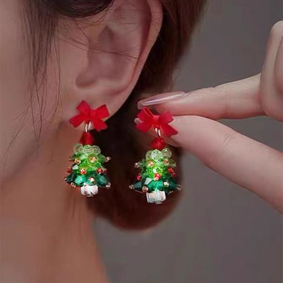 크리스마스트리 비즈 레드리본 별 드롭 귀걸이 목걸이