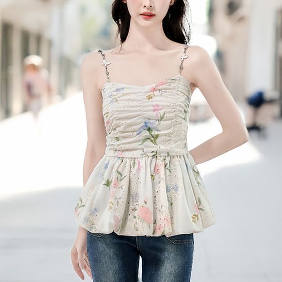 여성 여름 나비 체인 끈 밴딩 플라워 슬림 나시