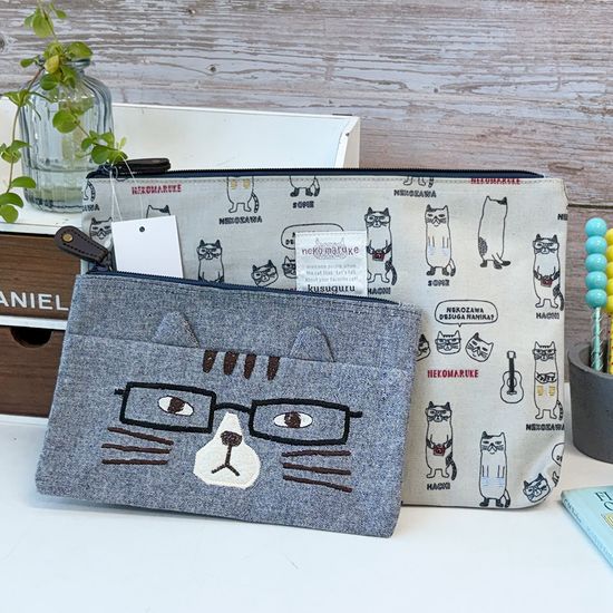 쿠스구루 네코마루케 사각 파우치 세트 그레이 블루