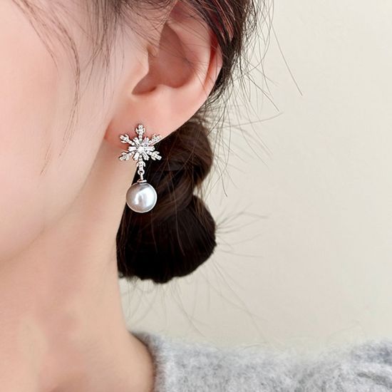 눈꽃 귀걸이 왕 진주 롱 드롭 큐빅 볼드 예쁜 귀고리