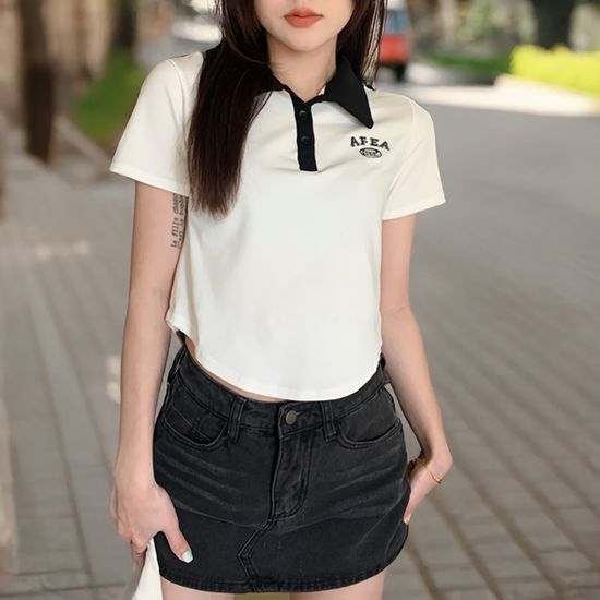 여성 아메리칸 빈티지 폴로 자수 톱 반팔 티셔츠