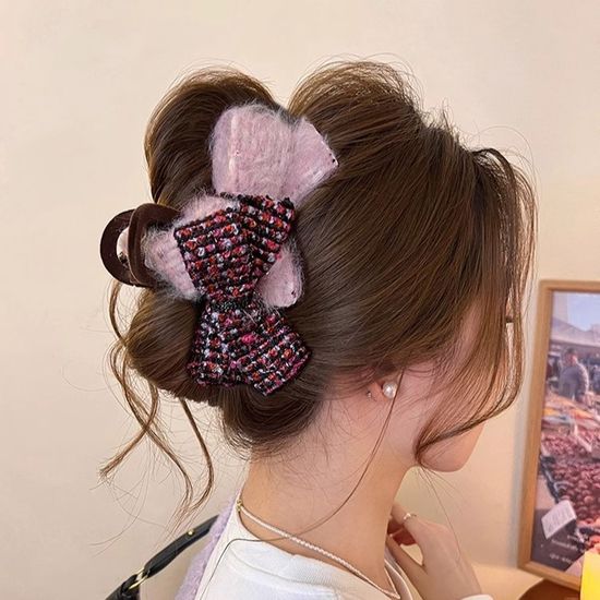 러블리 트위드 더블 리본 헤어 집게핀 겨울 머리핀
