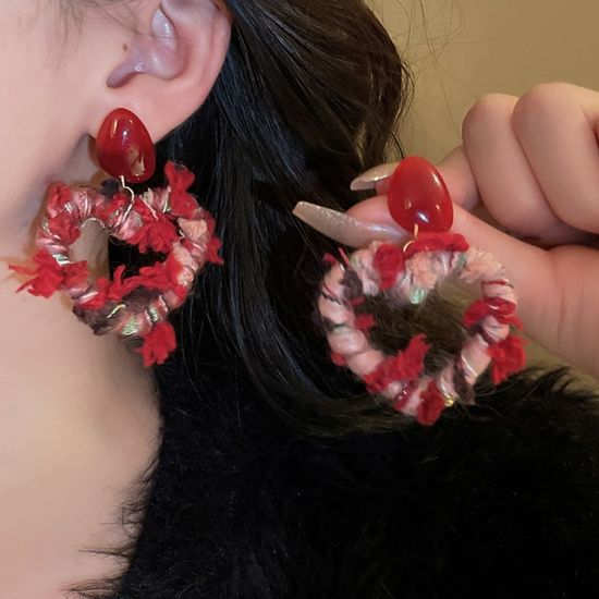 레드 빨간 털실 꼬임 빅하트 링 롱드롭 귀걸이 귀고리