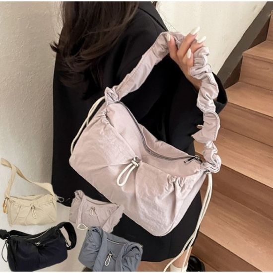 여성 셔링 스트링 나일론 크로스백 숄더백