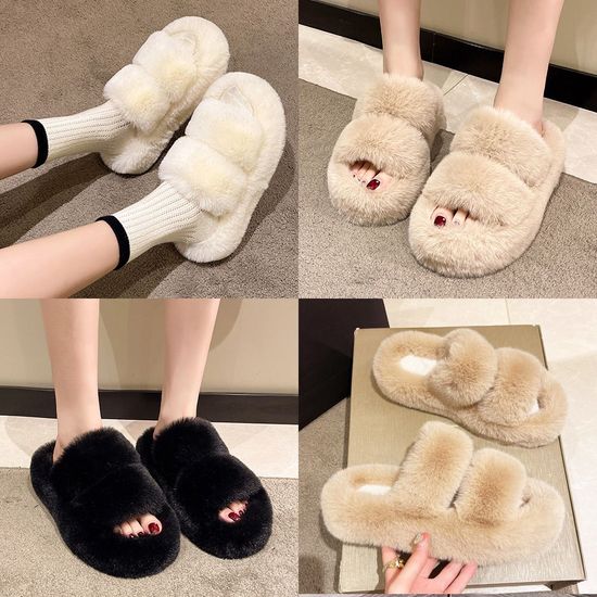 스트랩 퍼 통굽 샌들 4cm 사무실 털 슬리퍼(WB4A4EE)