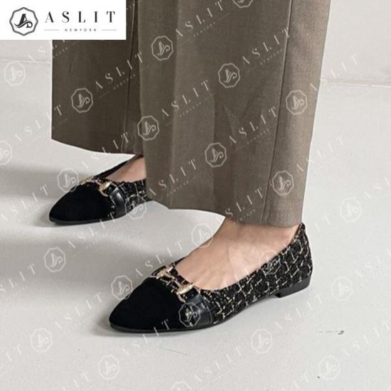 [애슬릿]스틸레토 금장 배색 트위드 여성 플랫 슈즈