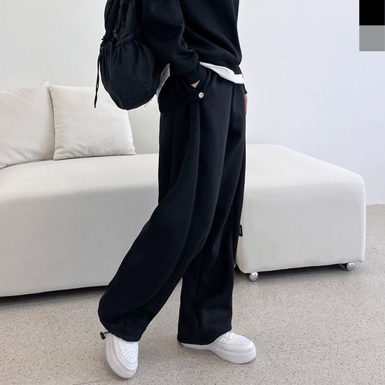 여자 보이핏 사이드 스냅 오버핏 기모 와이드 팬츠