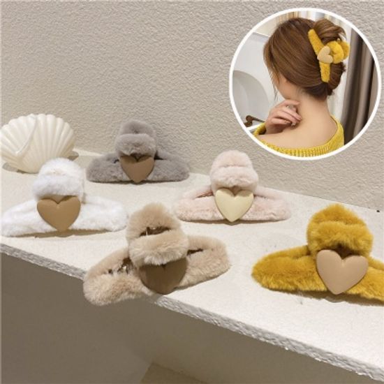 귀여운 하트 밍크 털 퍼 빅 집게핀 예쁜 겨울 헤어 핀