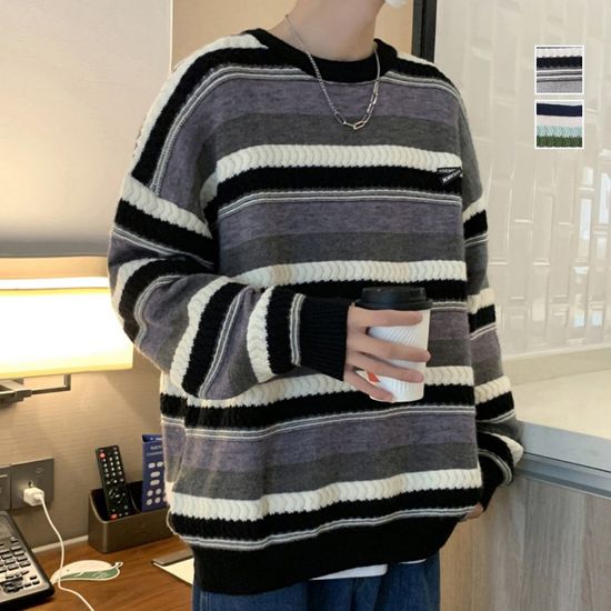 배색 라인 라운드넥 오버핏 긴팔 티셔츠