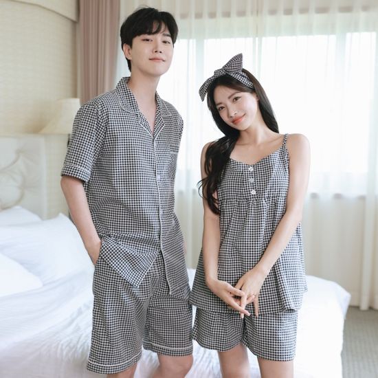 블랙 체크 지지미 여름 나시 커플 잠옷