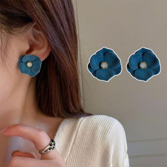 블루 큐빅 플라워 패션 벨벳 귀걸이 925 실버 은침
