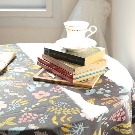 면린넨 빅 플라워 식탁보 테이블보 덮개-차콜