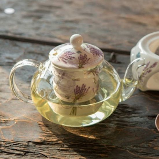 라벤더 유리 티팟과 워머 세트