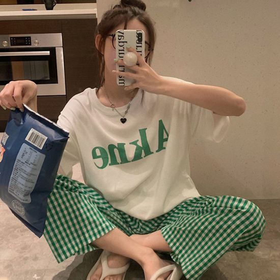 체크 반팔 파자마 세트