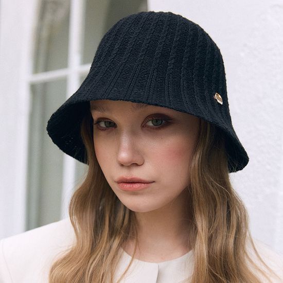 여성 풀 스트라이프 패턴 니트 버킷햇 블랙 H025