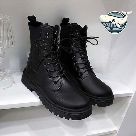 블랙 레더 여성 통굽 레이스업 워커(WFH7K19)