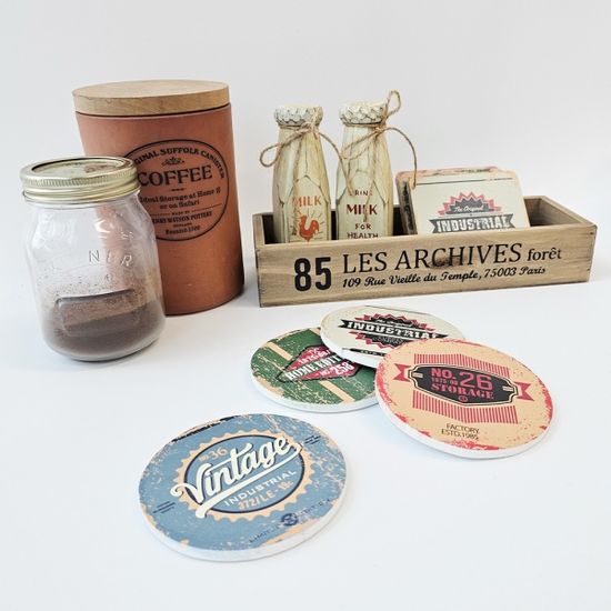 빈티지 팩토리 우드 원형 코스터 4p set