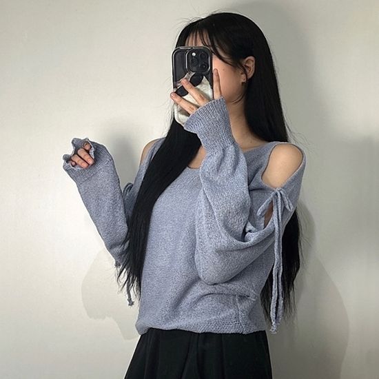 여성 시스루 어깨트임 리본 부클 여름 니트 티 3color