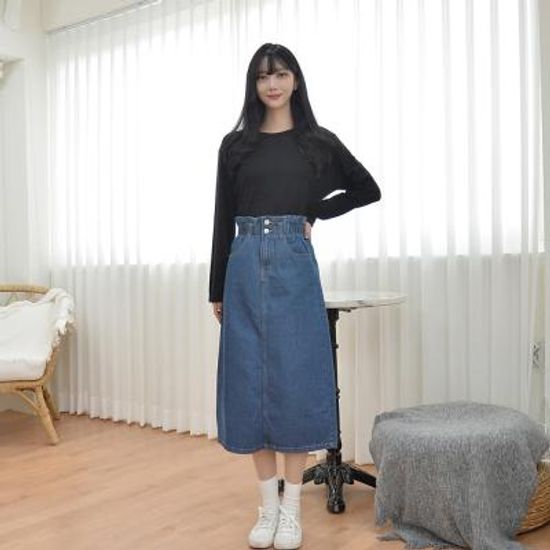 [GBM]투버튼밴드 롱 데님스커트(진청)