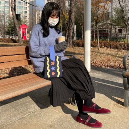 브떼 3꽃 물결 네이비 귀여운 미니 토트백 에코백