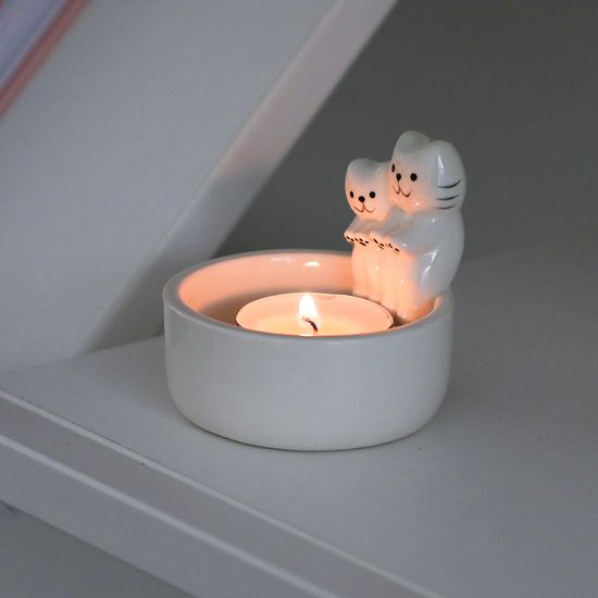 불쬐는 고양이 두마리 도자기 티라이트 캔들홀더