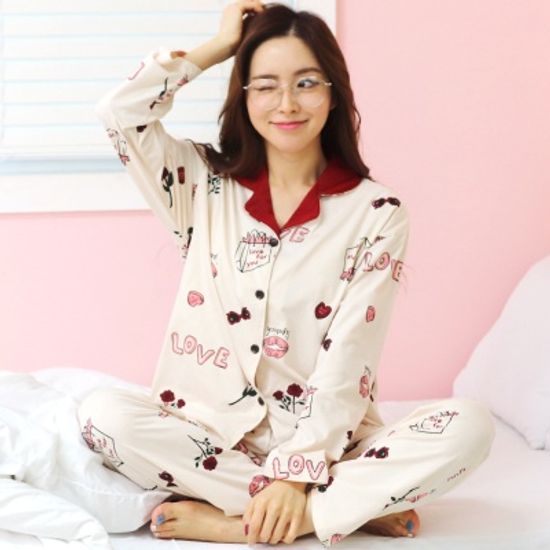 러브 배색카라 순면 잠옷 세트