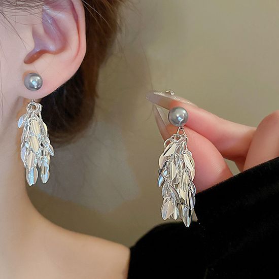 왕진주 볼드 잎새 태슬 샹달 롱 드롭 데일리 귀걸이