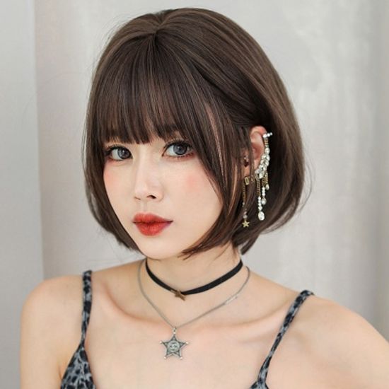 C컬 레이어드 단발머리 통가발(올리브브라운) 숏가발