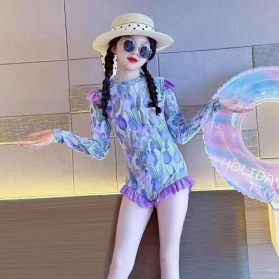 여아 퍼플 주니어 아동 래쉬가드 긴팔 물놀이 수영복