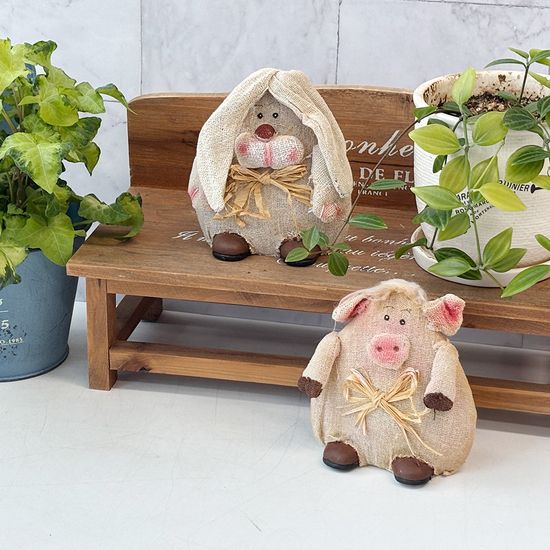 동화나라 빈티지 린넨 도자기 돼지와 토끼 데코세트