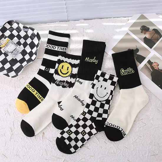 여성용 국산 스마일데이 체커보드 밴딩 양말 5켤레