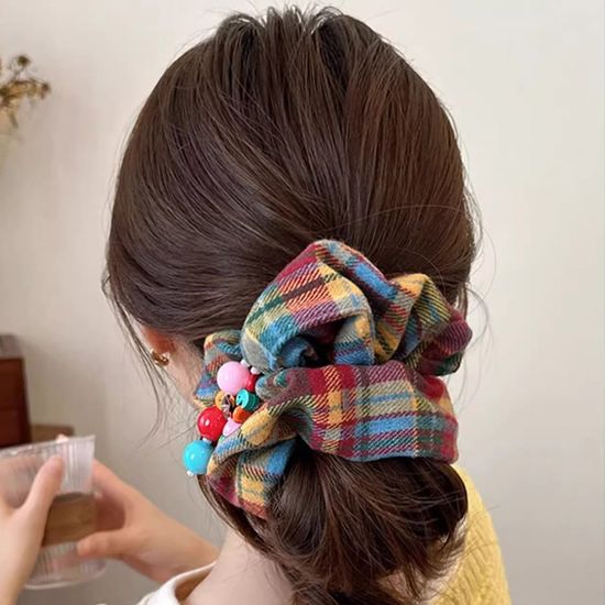 니트 꽃 뜨개 체크 패브릭 곱창 밴드 스크런치 머리끈
