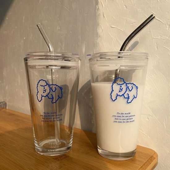 블루 강아지 디자인 내열 유리 텀블러 빨대포함 450ml