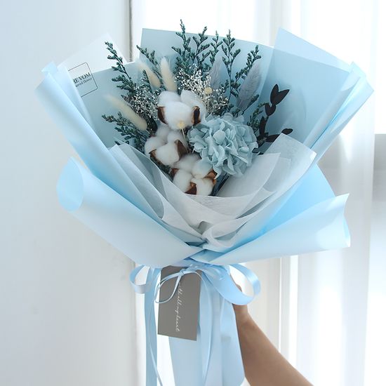 목화와블루수국꽃다발