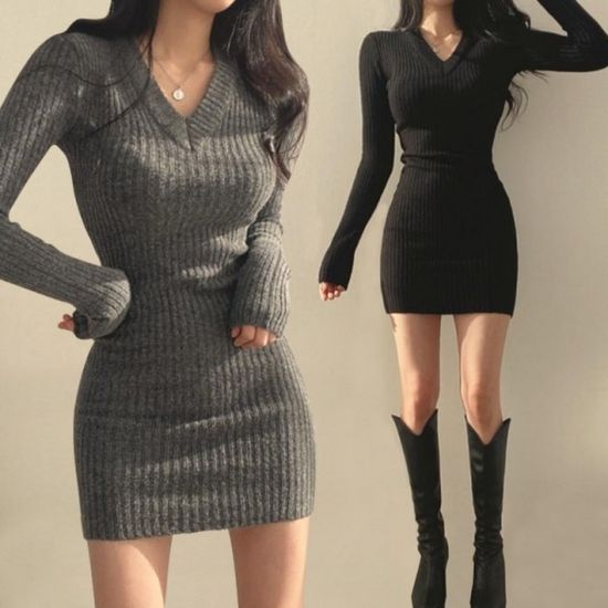 슬림핏 미니 원피스 V넥 골지 니트티