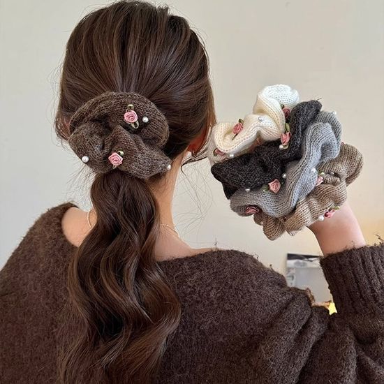 니트 꽃 뜨개 체크 패브릭 곱창 밴드 스크런치 머리끈
