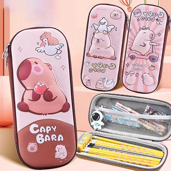 3D 동물 카피바라 공룡 캐릭터 더블 지퍼 3단 천 필통